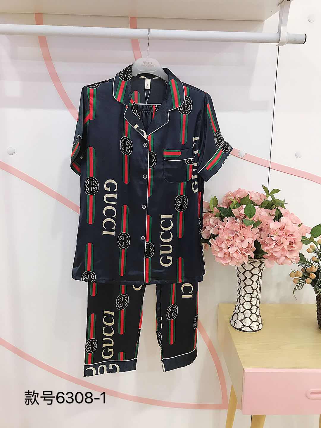 仙坤纺丝半袖长裤女套6308-1